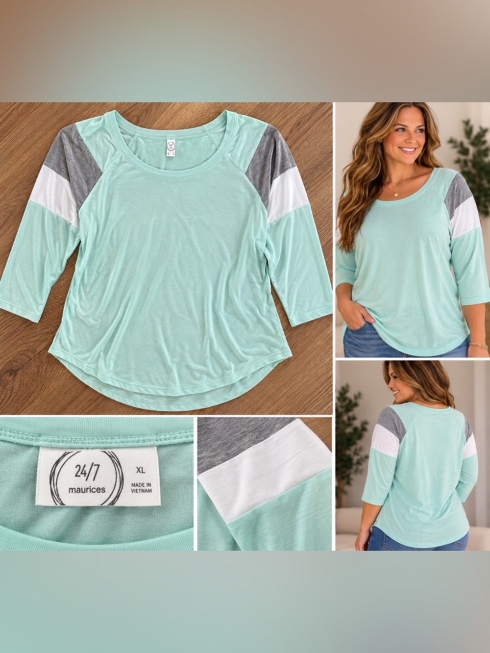 NEW Maurices 24/7 Mint Green Colorblock Raglan Sleeve Top – XL